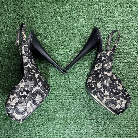 Giuseppe Zanotti Black Cream Lace Peep Toe Slingback Platform High Heels 38.5 - Picture 5 of 9